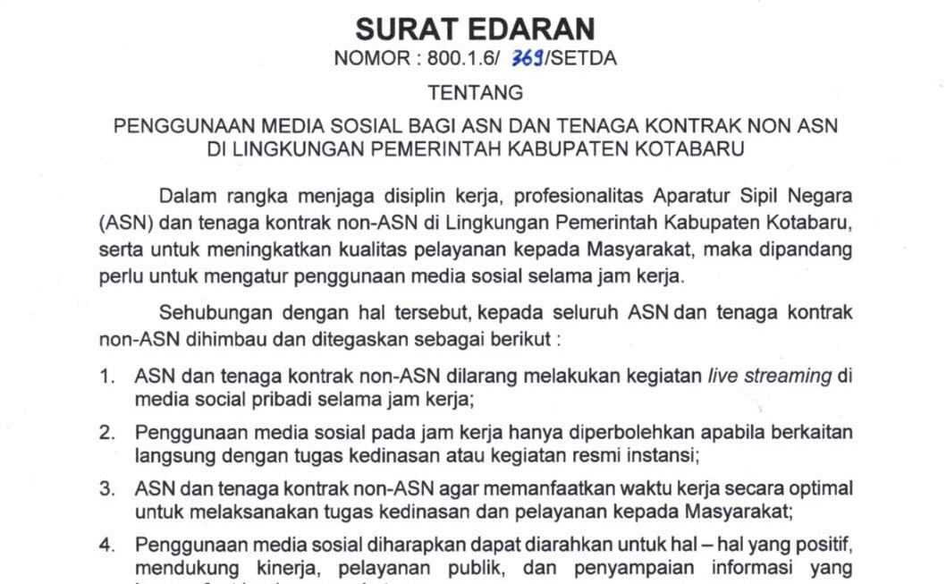 Bupati Kotabaru Terbitkan Aturan Medsos, ASN Dilarang Live Saat Jam Kerja